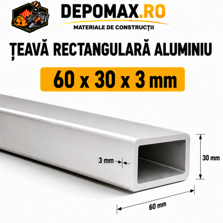 Teava rectangulara aluminiu 60 x 30 x 3 mm, 6 metri (EN AW-6060)